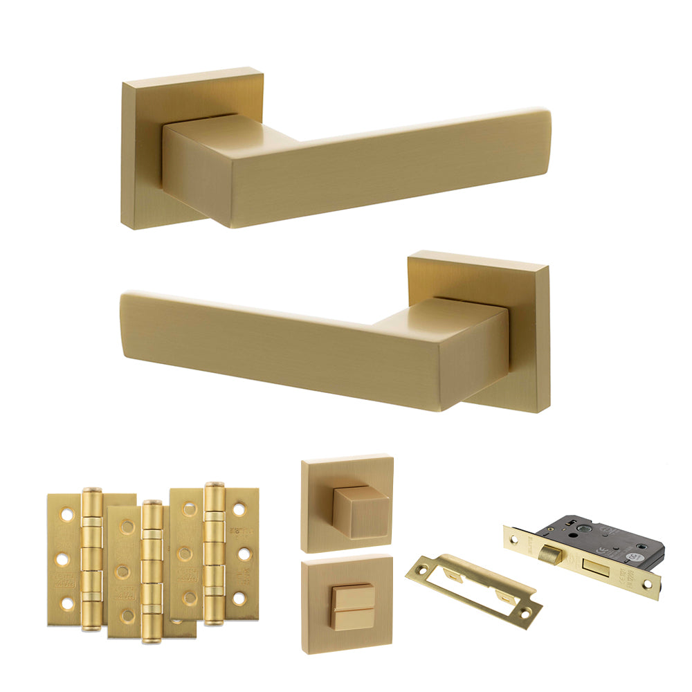 Quality image of Senza Pari Panetti Door Handle Pack (Bathroom Set - 3" CE Bathroom Lock, 3" Fire Rated Hinges x3) - Satin Brass | Sku. adpsp217sb9 | available from Trade Door Handles.