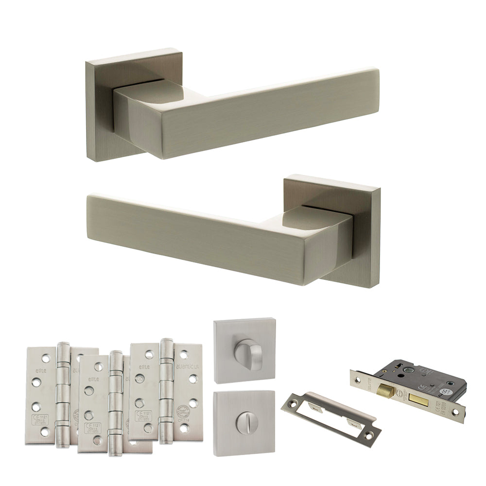Quality image of Senza Pari Panetti Door Handle Pack (Bathroom Set - 3" CE Bathroom Lock, 4" Fire Rated Hinges x3) - Satin Nickel | Sku. adpsp217sn11 | available from Trade Door Handles.
