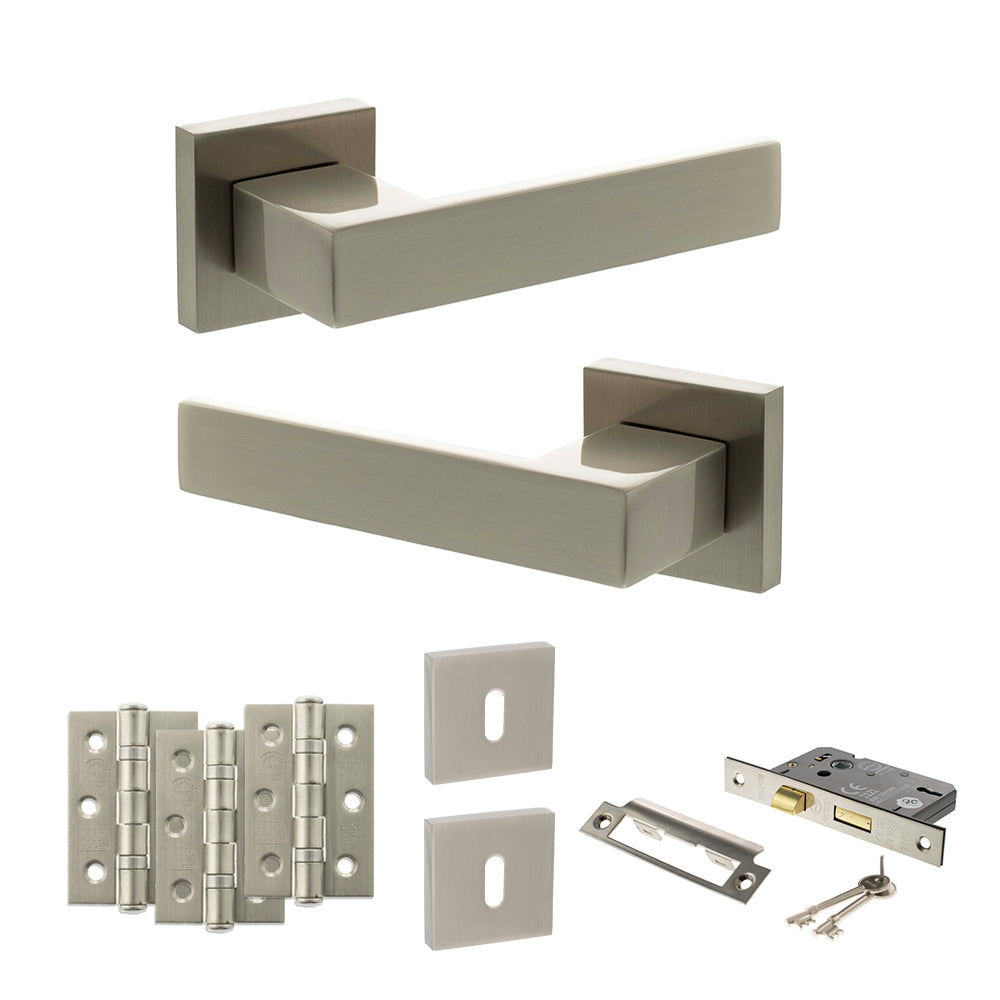 Quality image of Senza Pari Panetti Door Handle Pack (3 Lever Lock Set - 2.5" CE Sashlock, 3" Fire Rated Hinges x3) - Satin Nickel | Sku. adpsp217sn14 | available from Trade Door Handles.