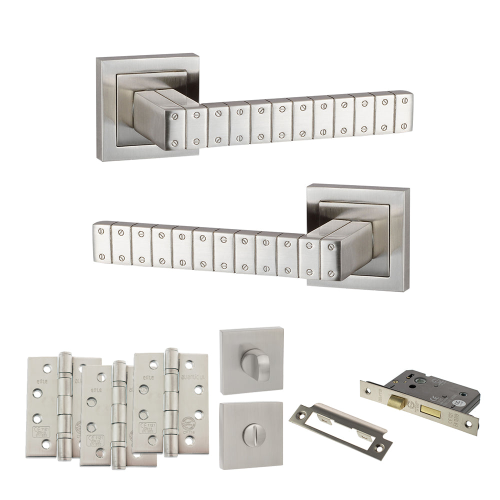 Quality image of Senza Pari Bianca Door Handle Pack (Bathroom Set - 3" CE Bathroom Lock, 4" Fire Rated Hinges x3) - Satin Nickel | Sku. adpspc193sn11 | available from Trade Door Handles.