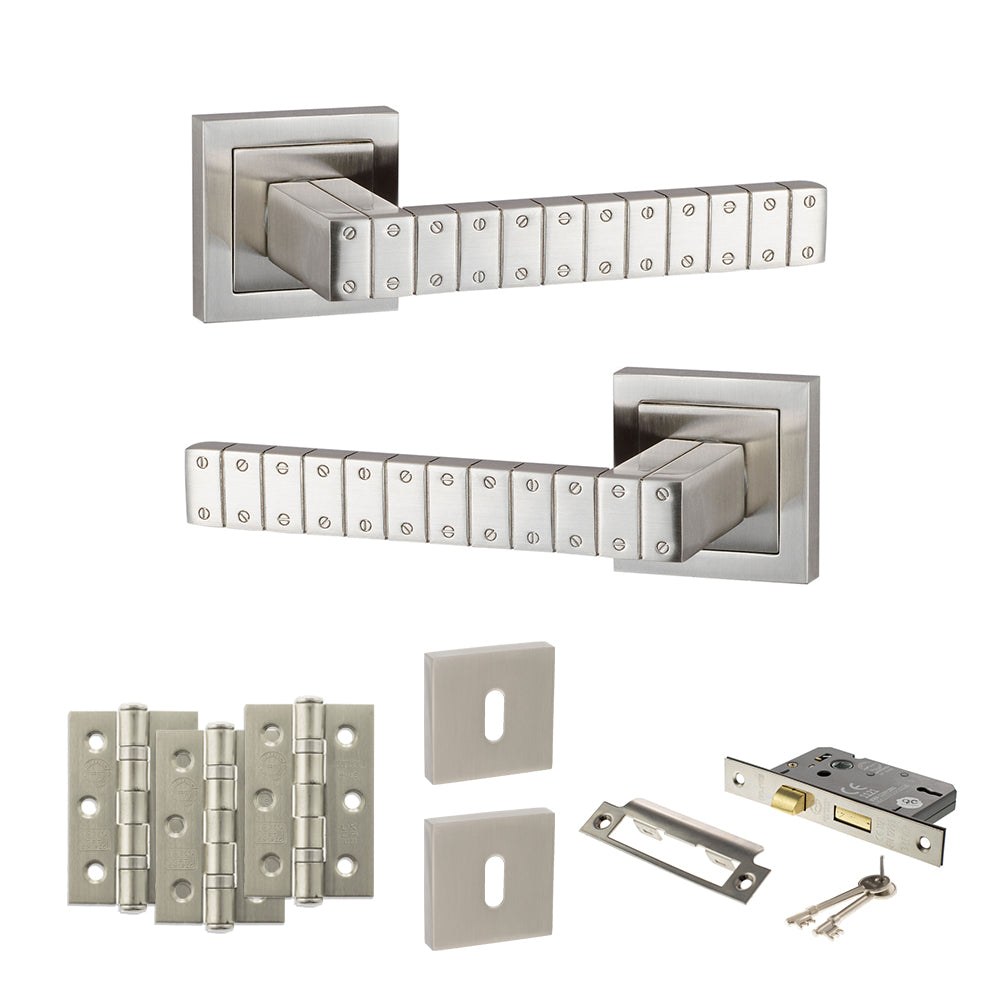 Quality image of Senza Pari Bianca Door Handle Pack (3 Lever Lock Set - 3" CE Sashlock, 3" Fire Rated Hinges x3) - Satin Nickel | Sku. adpspc193sn15 | available from Trade Door Handles.