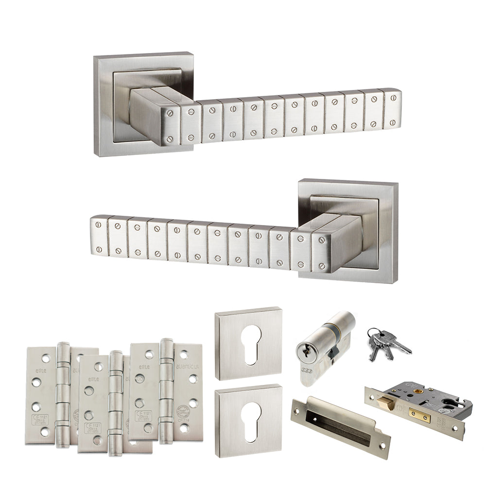 Quality image of Senza Pari Bianca Door Handle Pack (Euro Lock Set - 3" CE Sashlock, 4" Fire Rated Hinges x3) - Satin Nickel | Sku. adpspc193sn23 | available from Trade Door Handles.