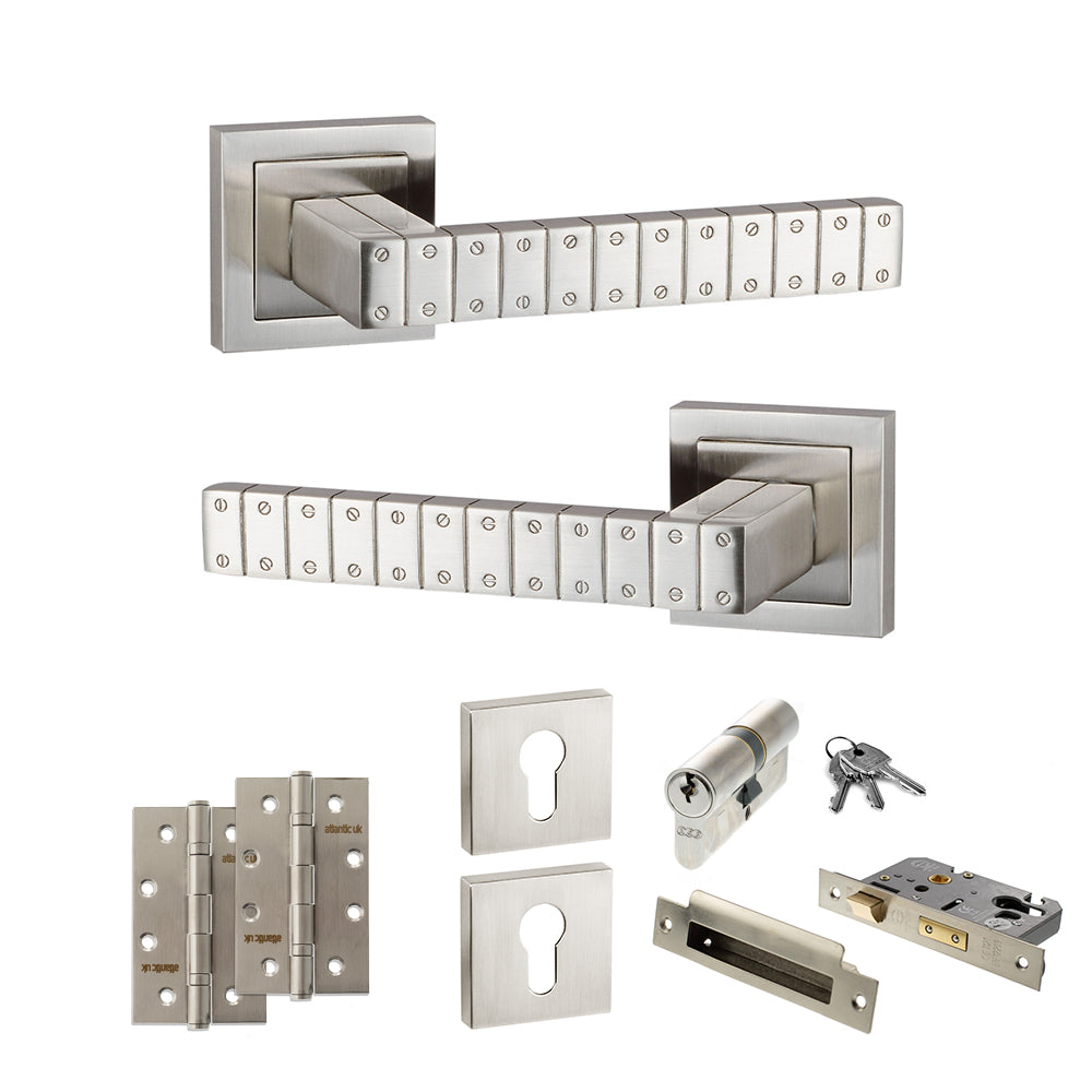 Quality image of Senza Pari Bianca Door Handle Pack (Euro Lock Set - 3" CE Sashlock, 4" Slim Knuckle Hinges x2) - Satin Nickel | Sku. adpspc193sn25 | available from Trade Door Handles.