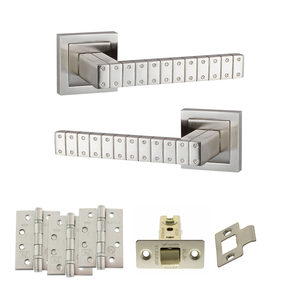 Quality image of Senza Pari Bianca Door Handle Pack (Latch Set - 2.5" CE Latch, 4" Fire Rated Hinges x3) - Satin Nickel | Sku. adpspc193sn3 | available from Trade Door Handles.