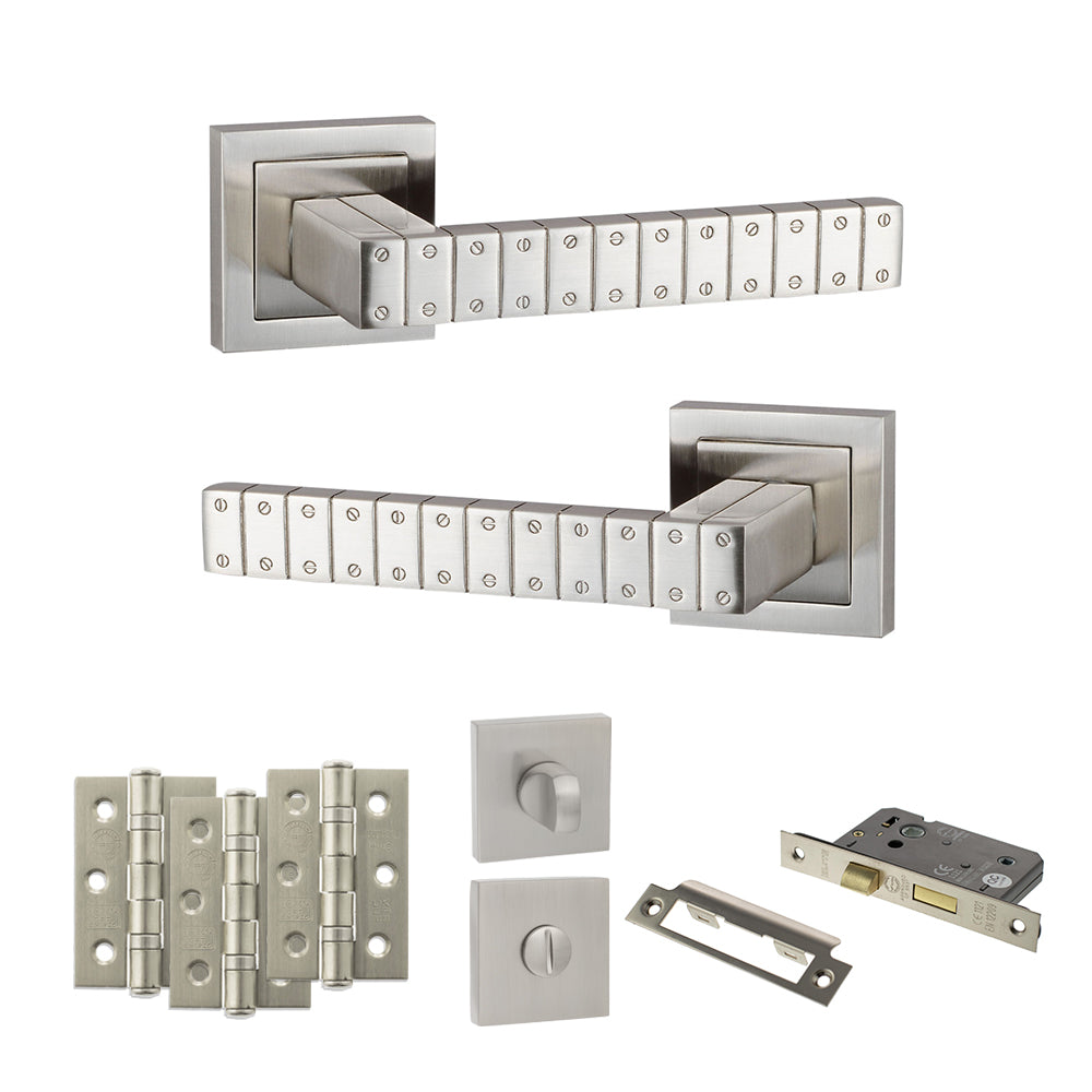 Quality image of Senza Pari Bianca Door Handle Pack (Bathroom Set - 2.5" CE Bathroom Lock, 3" Fire Rated Hinges x3) - Satin Nickel | Sku. adpspc193sn8 | available from Trade Door Handles.