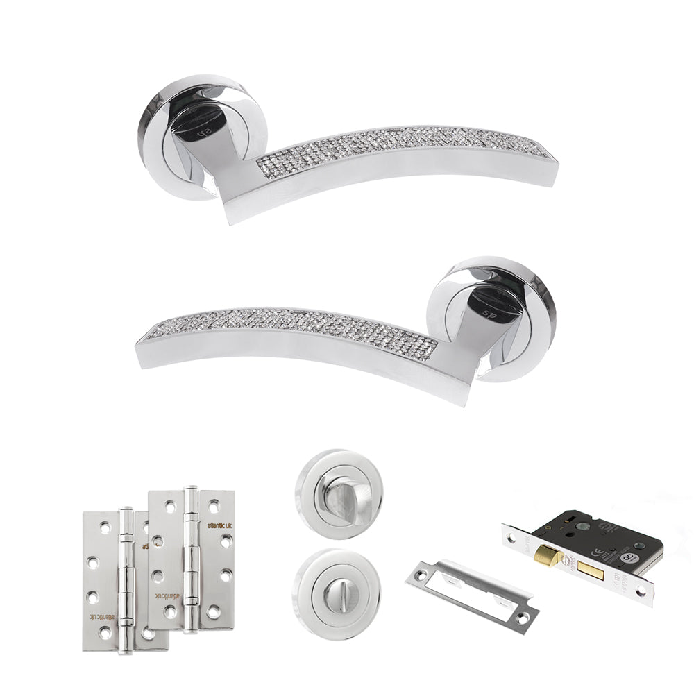 Quality image of Senza Pari Crystal Door Handle Pack (Bathroom Set - 3" CE Bathroom Lock, 4" Slim Knuckle Hinges x2) - Polished Chrome | Sku. adpspm167crcp13 | available from Trade Door Handles.