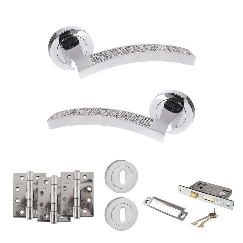 Quality image of Senza Pari Crystal Door Handle Pack (3 Lever Lock Set - 3" CE Sashlock, 4" Fire Rated Hinges x3) - Polished Chrome | Sku. adpspm167crcp17 | available from Trade Door Handles.