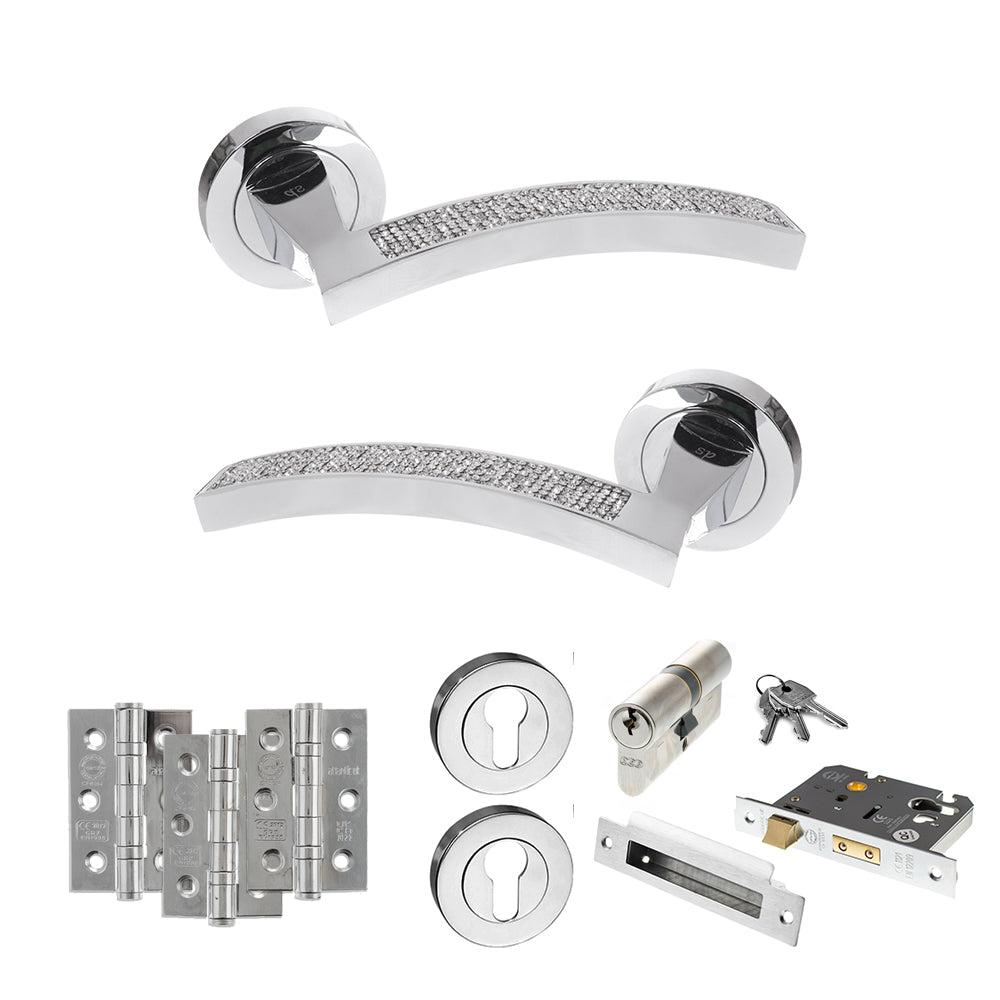 Quality image of Senza Pari Crystal Door Handle Pack (Euro Lock Set - 3" CE Sashlock, 3" Fire Rated Hinges x3) - Polished Chrome | Sku. adpspm167crcp21 | available from Trade Door Handles.