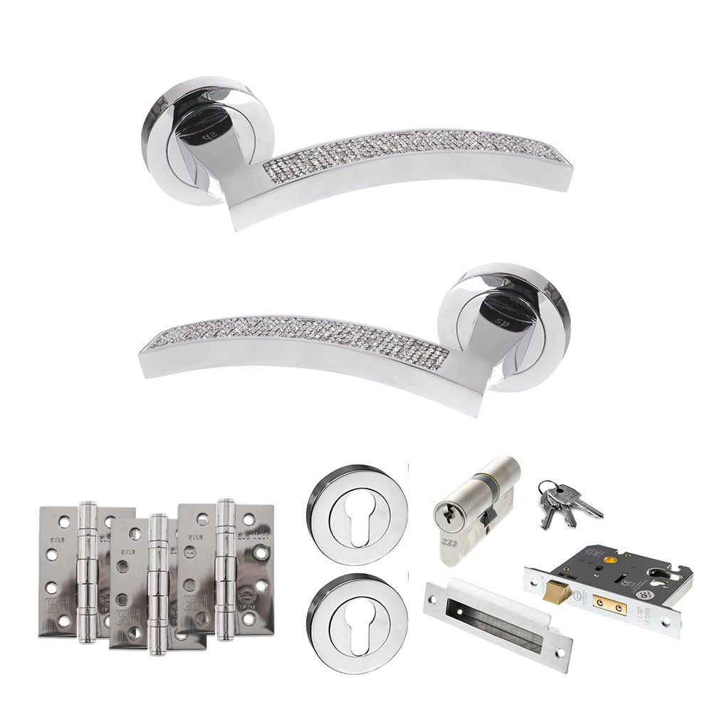 Quality image of Senza Pari Crystal Door Handle Pack (Euro Lock Set - 3" CE Sashlock, 4" Fire Rated Hinges x3) - Polished Chrome | Sku. adpspm167crcp23 | available from Trade Door Handles.