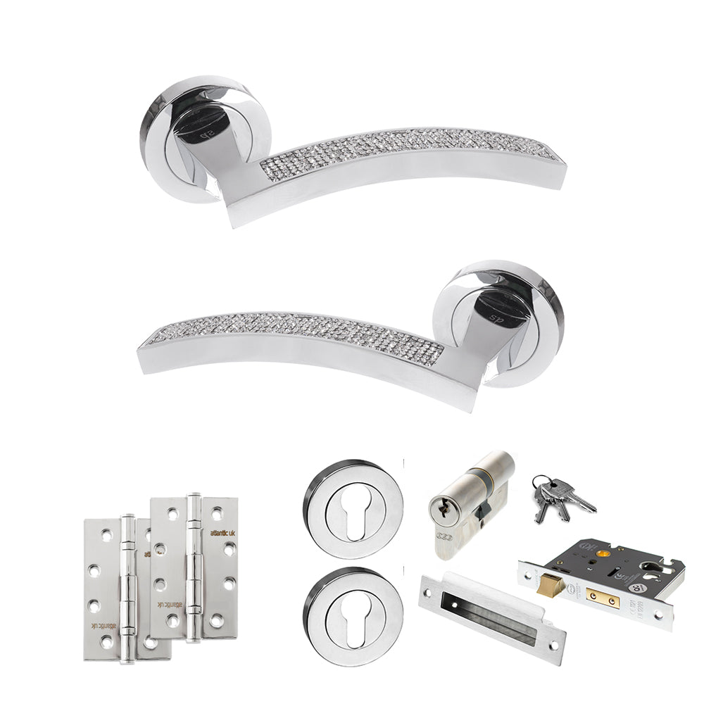 Quality image of Senza Pari Crystal Door Handle Pack (Euro Lock Set - 2.5" CE Sashlock, 4" Slim Knuckle Hinges x2) - Polished Chrome | Sku. adpspm167crcp24 | available from Trade Door Handles.