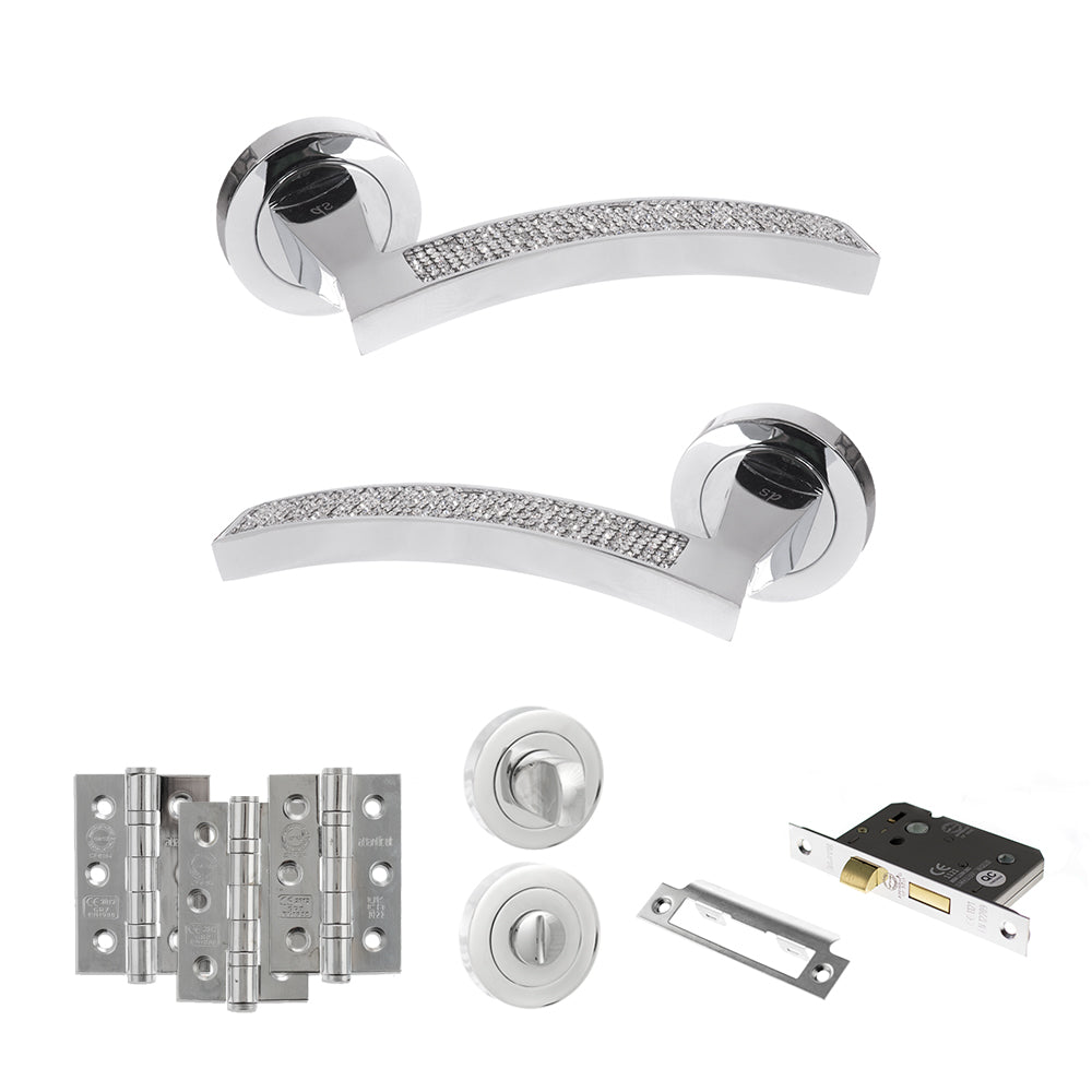 Quality image of Senza Pari Crystal Door Handle Pack (Bathroom Set - 3" CE Bathroom Lock, 3" Fire Rated Hinges x3) - Polished Chrome | Sku. adpspm167crcp9 | available from Trade Door Handles.