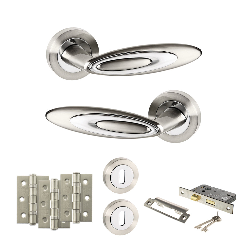 Quality image of Senza Pari Elisse Door Handle Pack (3 Lever Lock Set - 3" CE Sashlock, 3" Fire Rated Hinges x3) - Satin Nickel/Chrome Plate | Sku. adpspm222sncp15 | available from Trade Door Handles.