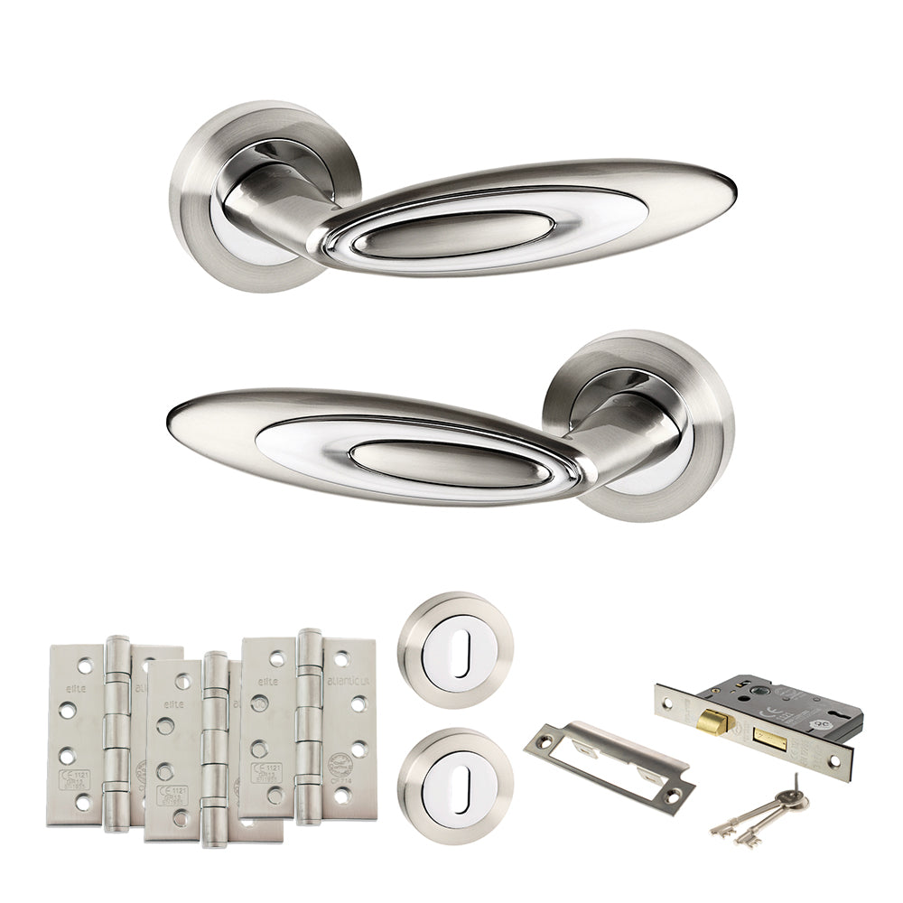 Quality image of Senza Pari Elisse Door Handle Pack (3 Lever Lock Set - 2.5" CE Sashlock, 4" Fire Rated Hinges x3) - Satin Nickel/Chrome Plate | Sku. adpspm222sncp16 | available from Trade Door Handles.