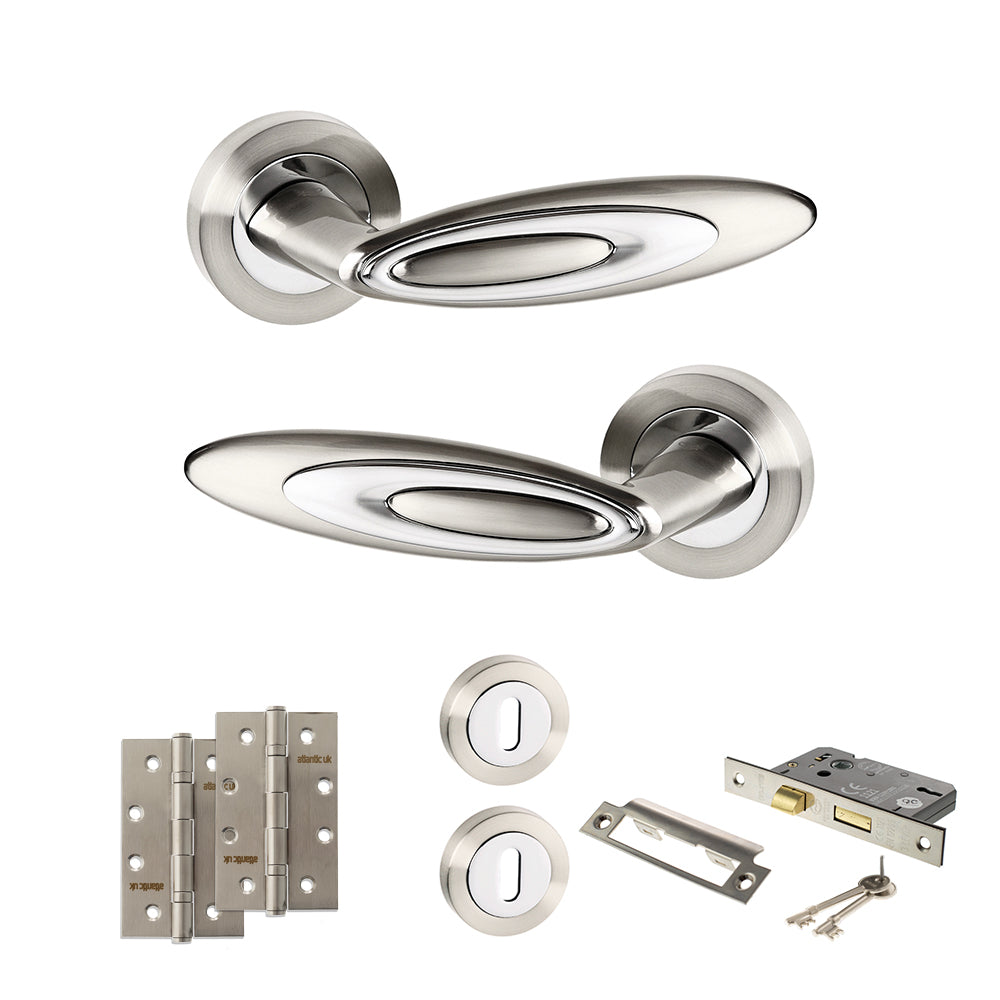 Quality image of Senza Pari Elisse Door Handle Pack (3 Lever Lock Set - 3" CE Sashlock, 4" Slim Knuckle Hinges x2) - Satin Nickel/Chrome Plate | Sku. adpspm222sncp19 | available from Trade Door Handles.
