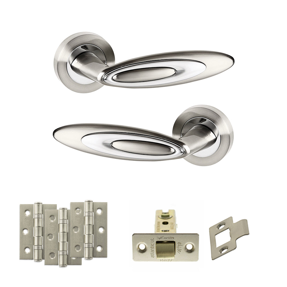 Quality image of Senza Pari Elisse Door Handle Pack (Latch Set - 2.5" CE Latch, 3" Fire Rated Hinges x3) - Satin Nickel/Chrome Plate | Sku. adpspm222sncp1 | available from Trade Door Handles.
