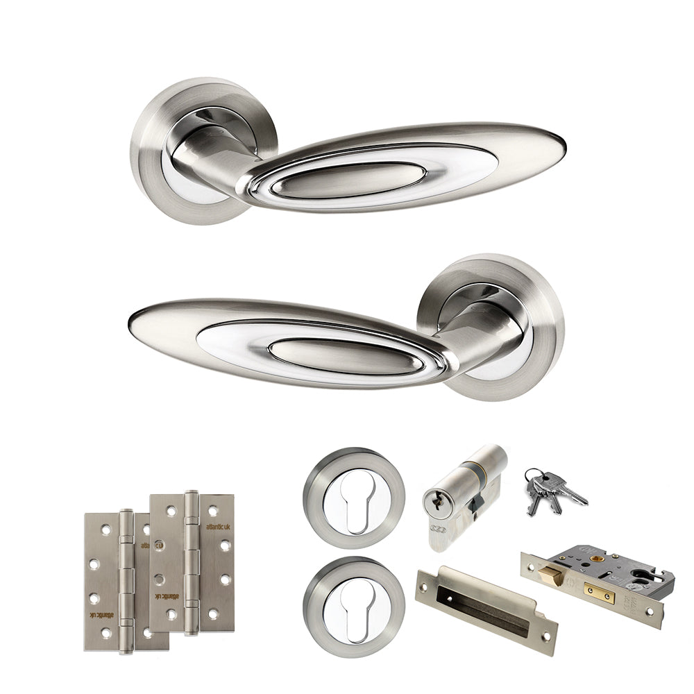 Quality image of Senza Pari Elisse Door Handle Pack (Euro Lock Set - 2.5" CE Sashlock, 4" Slim Knuckle Hinges x2) - Satin Nickel/Chrome Plate | Sku. adpspm222sncp24 | available from Trade Door Handles.