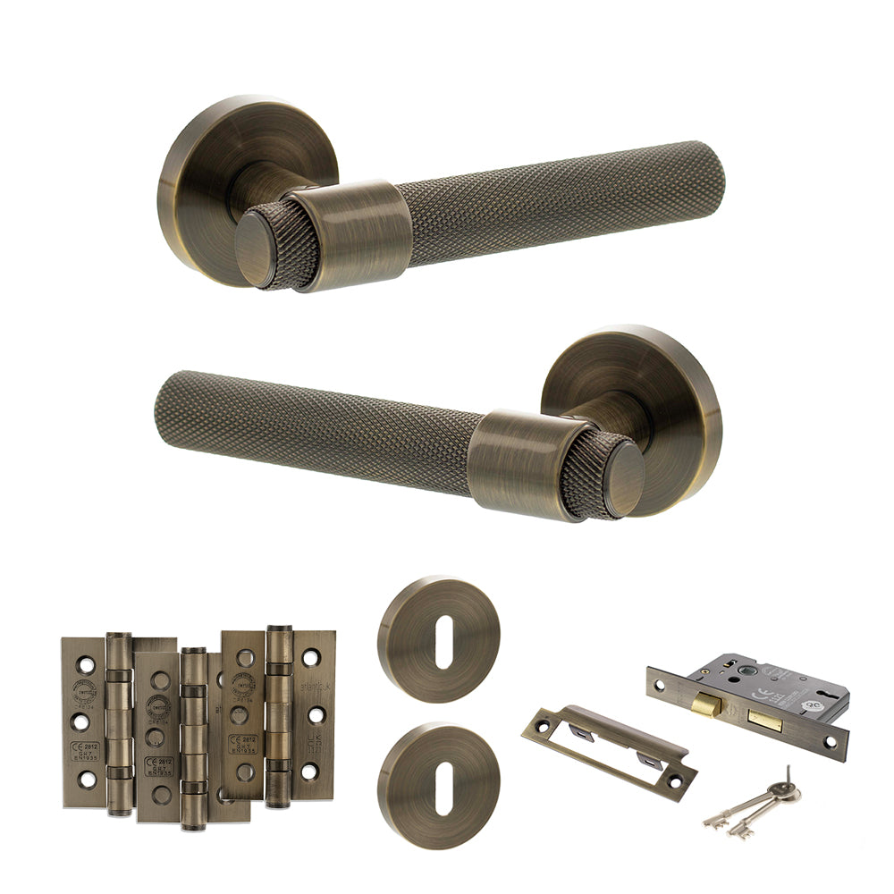 Quality image of Senza Pari Andretta Door Handle Pack (3 Lever Lock Set - 3" CE Sashlock, 3" Fire Rated Hinges x3) - Antique Brass | Sku. adpspr160ab15 | available from Trade Door Handles.