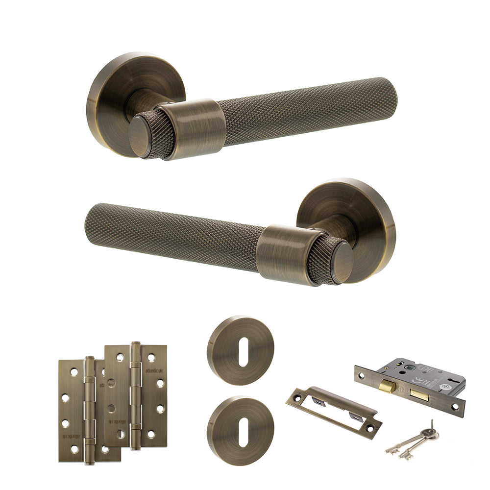 Quality image of Senza Pari Andretta Door Handle Pack (3 Lever Lock Set - 3" CE Sashlock, 4" Slim Knuckle Hinges x2) - Antique Brass | Sku. adpspr160ab19 | available from Trade Door Handles.