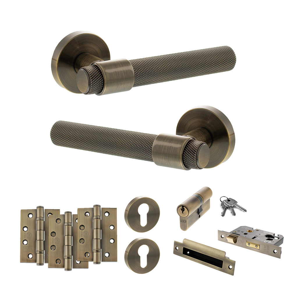 Quality image of Senza Pari Andretta Door Handle Pack (Euro Lock Set - 2.5" CE Sashlock, 4" Fire Rated Hinges x3) - Antique Brass | Sku. adpspr160ab22 | available from Trade Door Handles.