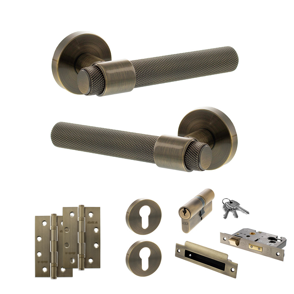 Quality image of Senza Pari Andretta Door Handle Pack (Euro Lock Set - 2.5" CE Sashlock, 4" Slim Knuckle Hinges x2) - Antique Brass | Sku. adpspr160ab24 | available from Trade Door Handles.