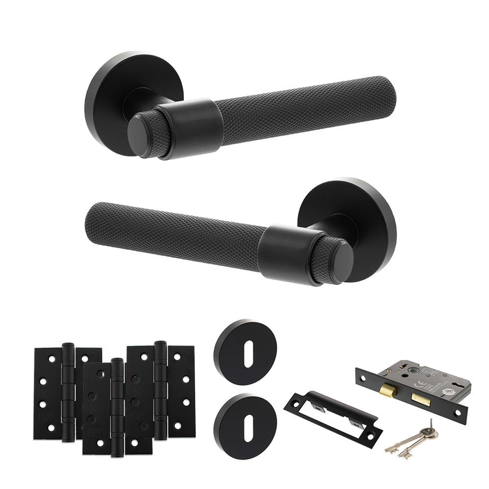 Quality image of Senza Pari Andretta Door Handle Pack (3 Lever Lock Set - 2.5" CE Sashlock, 4" Fire Rated Hinges x3) - Matt Black | Sku. adpspr160mb16 | available from Trade Door Handles.