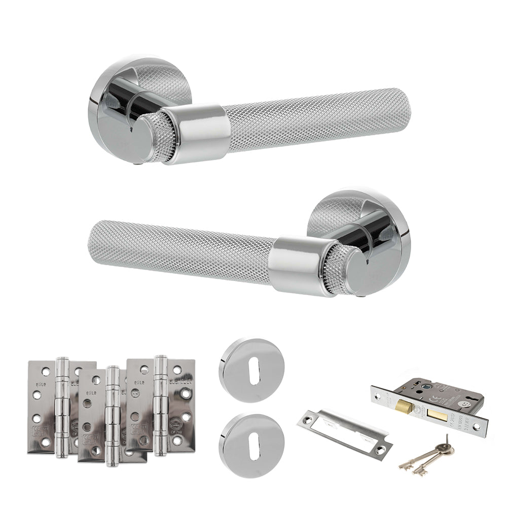 Quality image of Senza Pari Andretta Door Handle Pack (3 Lever Lock Set - 3" CE Sashlock, 4" Fire Rated Hinges x3) - Polished Chrome | Sku. adpspr160pc17 | available from Trade Door Handles.