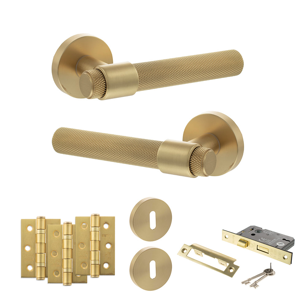 Quality image of Senza Pari Andretta Door Handle Pack (3 Lever Lock Set - 2.5" CE Sashlock, 3" Fire Rated Hinges x3) - Satin Brass | Sku. adpspr160sb14 | available from Trade Door Handles.