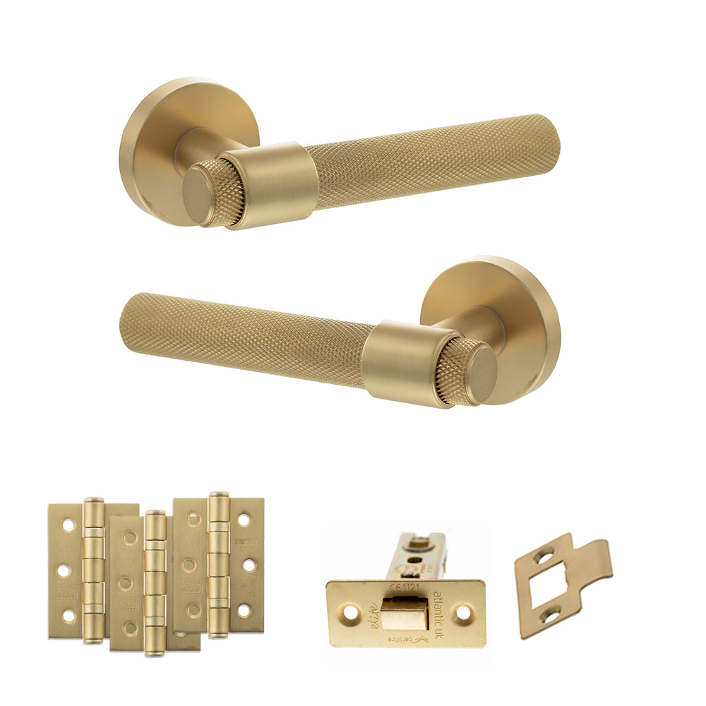 Quality image of Senza Pari Andretta Door Handle Pack (Latch Set - 2.5" CE Latch, 3" Fire Rated Hinges x3) - Satin Brass | Sku. adpspr160sb1 | available from Trade Door Handles.