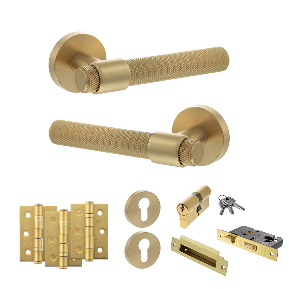 Quality image of Senza Pari Andretta Door Handle Pack (Euro Lock Set - 2.5" CE Sashlock, 3" Fire Rated Hinges x3) - Satin Brass | Sku. adpspr160sb20 | available from Trade Door Handles.