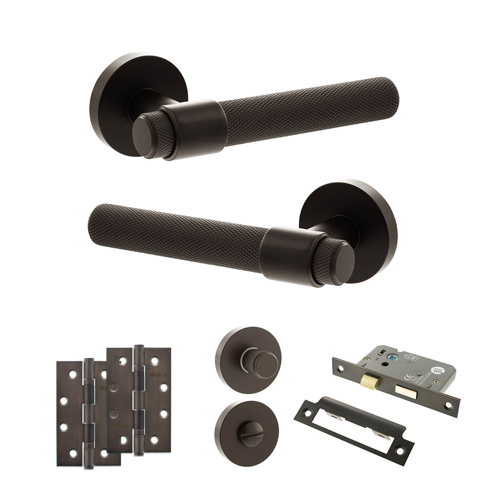 Quality image of Senza Pari Andretta Door Handle Pack (Bathroom Set - 2.5" CE Bathroom Lock, 4" Slim Knuckle Hinges x2) - Urban Dark Bronze | Sku. adpspr160udb12 | available from Trade Door Handles.