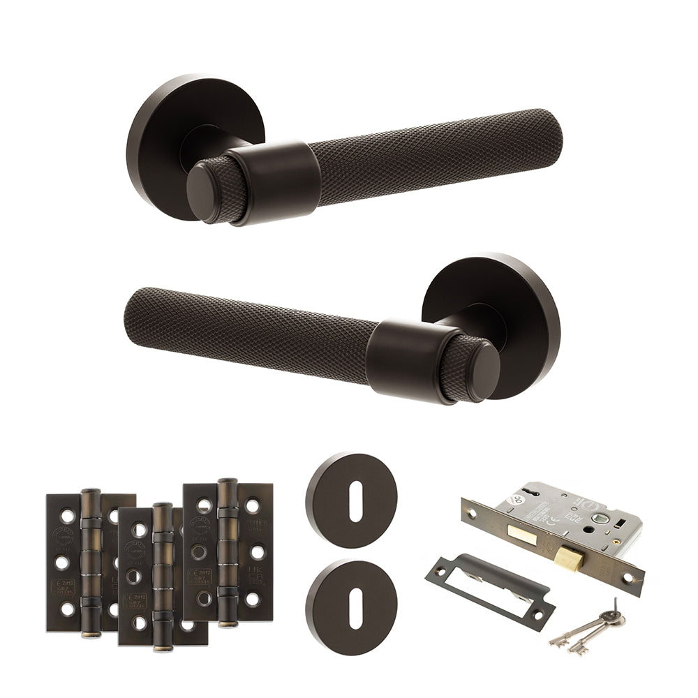 Quality image of Senza Pari Andretta Door Handle Pack (3 Lever Lock Set - 2.5" CE Sashlock, 3" Fire Rated Hinges x3) - Urban Dark Bronze | Sku. adpspr160udb14 | available from Trade Door Handles.