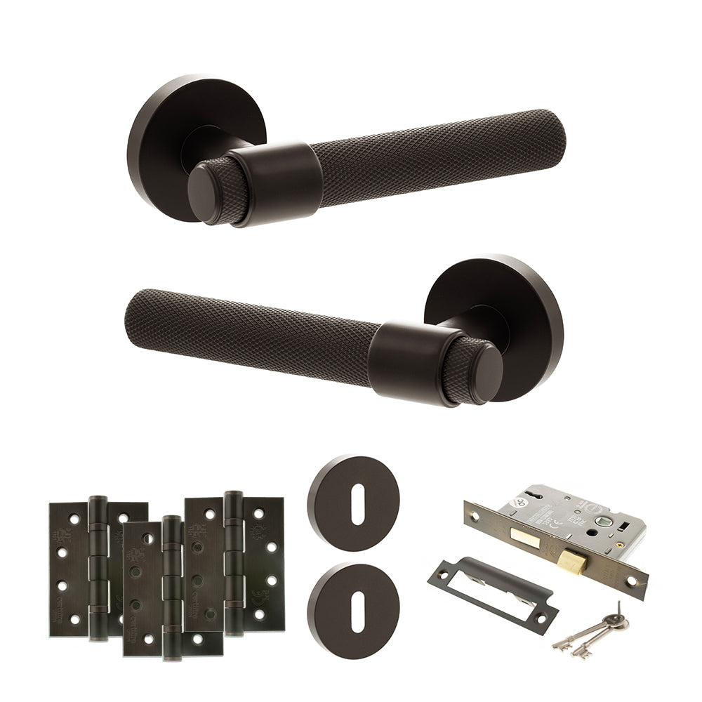 Quality image of Senza Pari Andretta Door Handle Pack (3 Lever Lock Set - 2.5" CE Sashlock, 4" Fire Rated Hinges x3) - Urban Dark Bronze | Sku. adpspr160udb16 | available from Trade Door Handles.