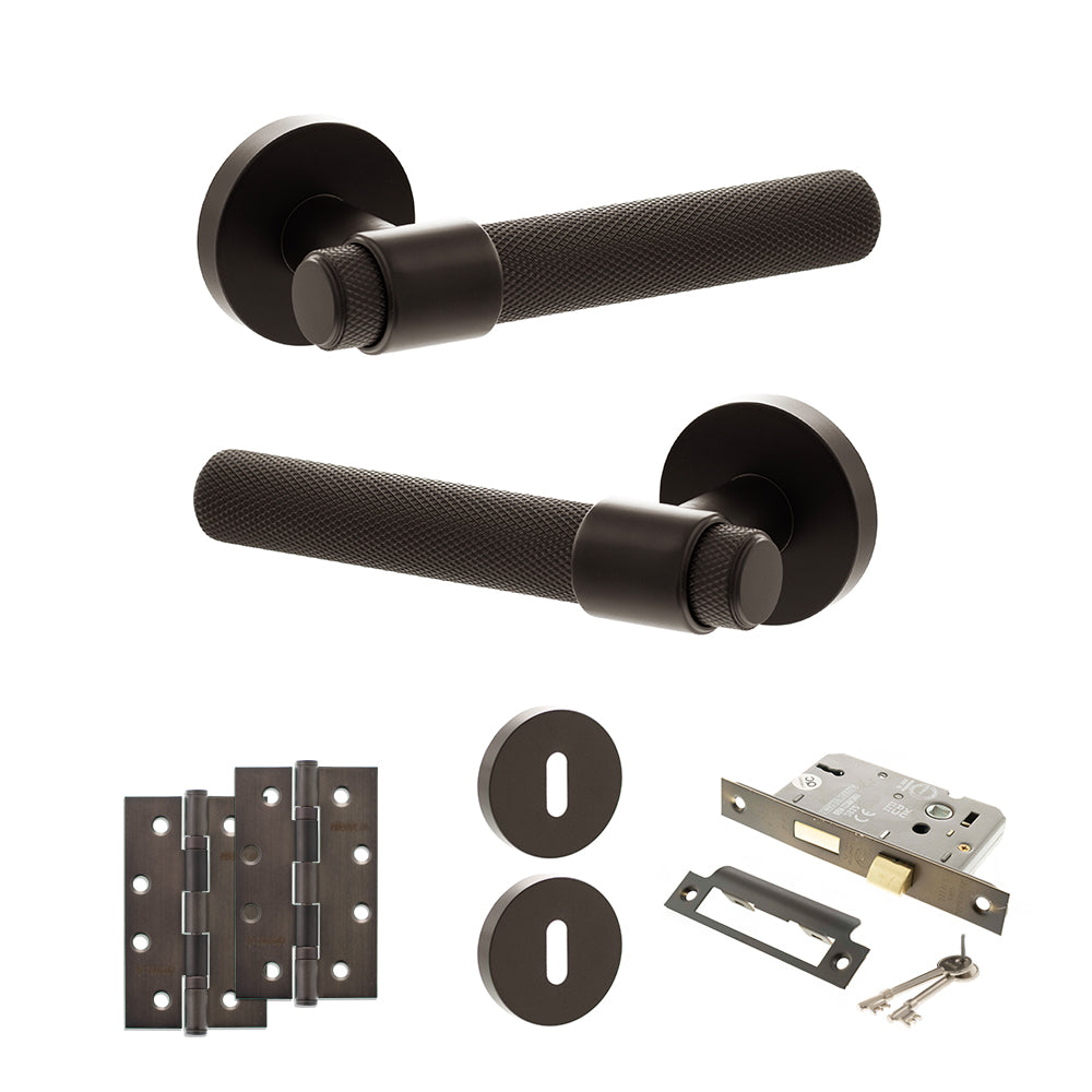Quality image of Senza Pari Andretta Door Handle Pack (3 Lever Lock Set - 3" CE Sashlock, 4" Slim Knuckle Hinges x2) - Urban Dark Bronze | Sku. adpspr160udb19 | available from Trade Door Handles.