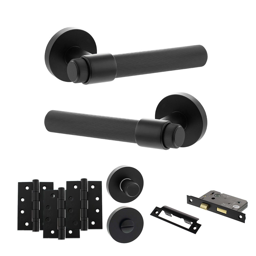 Quality image of Senza Pari Fasana Door Handle Pack (Bathroom Set - 2.5" CE Bathroom Lock, 4" Fire Rated Hinges x3) - Matt Black | Sku. adpspr165mb10 | available from Trade Door Handles.