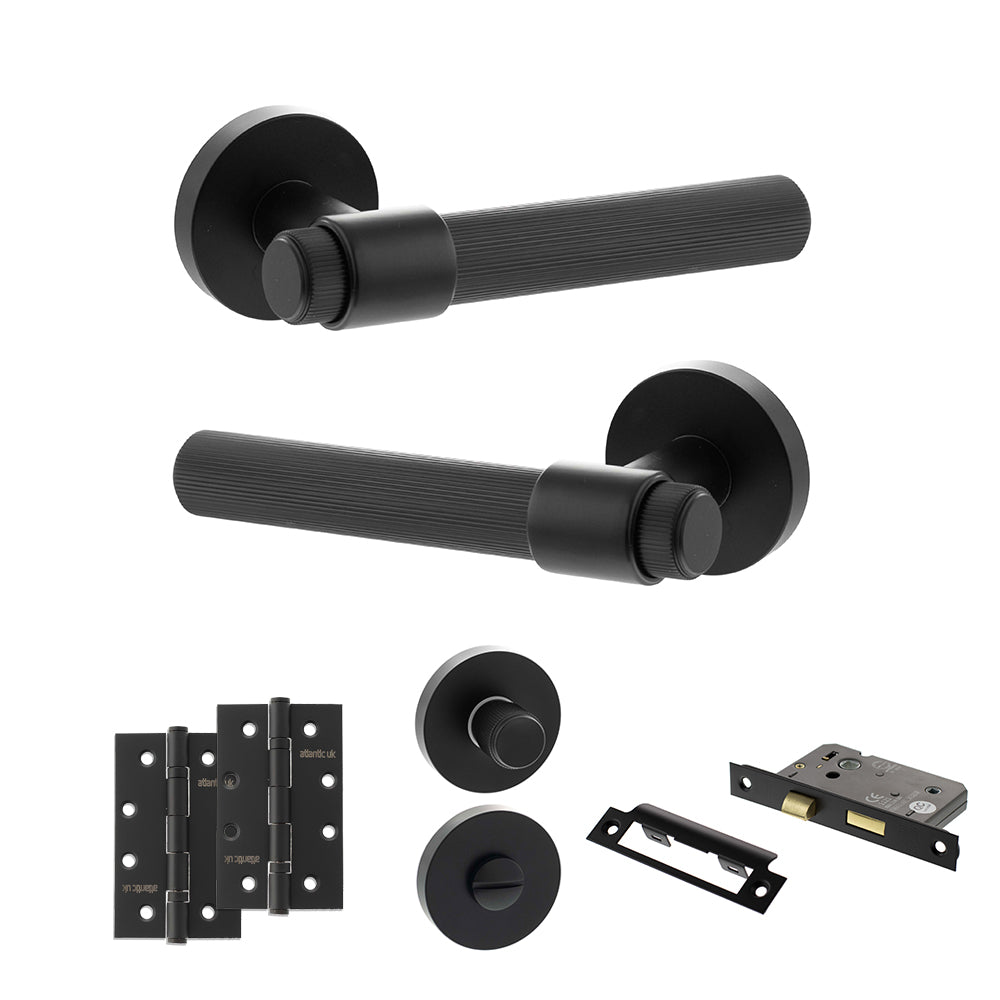 Quality image of Senza Pari Fasana Door Handle Pack (Bathroom Set - 3" CE Bathroom Lock, 4" Slim Knuckle Hinges x2) - Matt Black | Sku. adpspr165mb13 | available from Trade Door Handles.