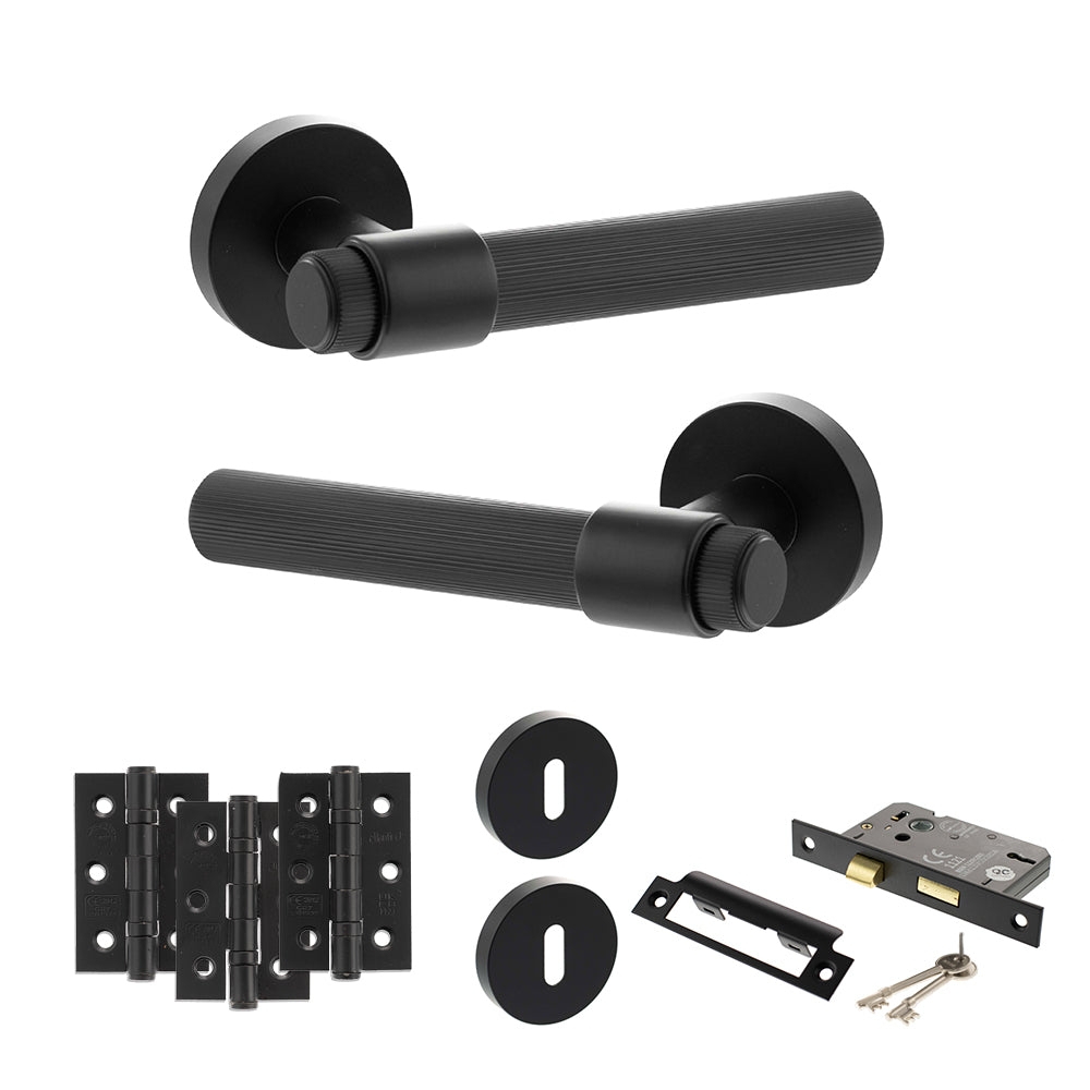 Quality image of Senza Pari Fasana Door Handle Pack (3 Lever Lock Set - 2.5" CE Sashlock, 3" Fire Rated Hinges x3) - Matt Black | Sku. adpspr165mb14 | available from Trade Door Handles.