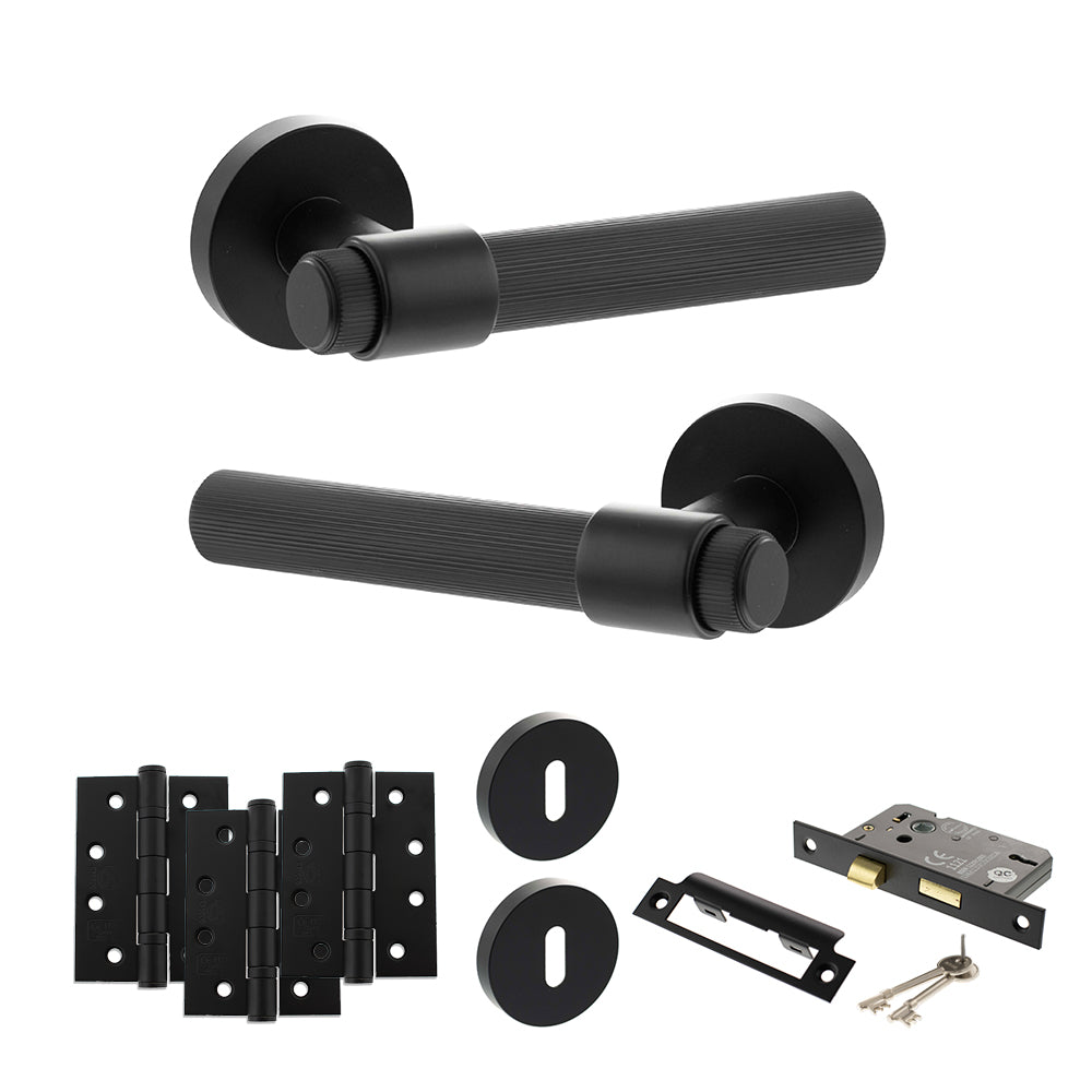 Quality image of Senza Pari Fasana Door Handle Pack (3 Lever Lock Set - 2.5" CE Sashlock, 4" Fire Rated Hinges x3) - Matt Black | Sku. adpspr165mb16 | available from Trade Door Handles.