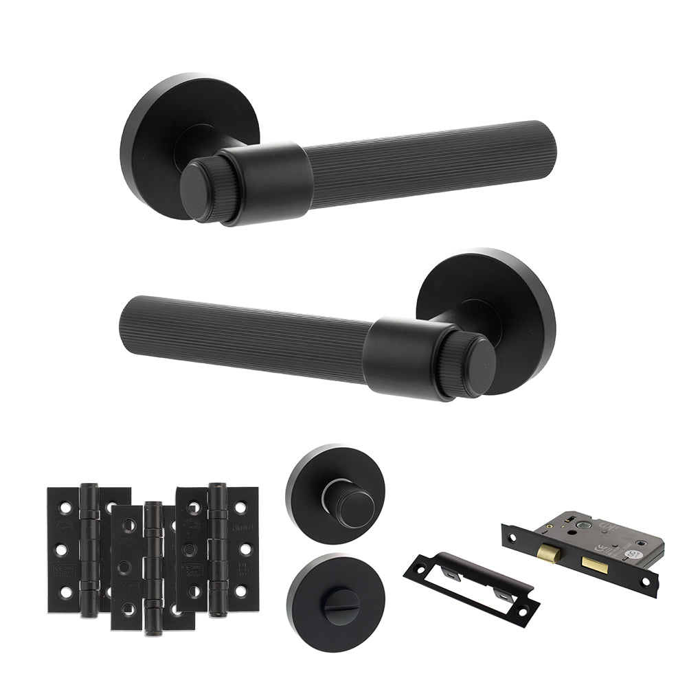 Quality image of Senza Pari Fasana Door Handle Pack (Bathroom Set - 2.5" CE Bathroom Lock, 3" Fire Rated Hinges x3) - Matt Black | Sku. adpspr165mb8 | available from Trade Door Handles.