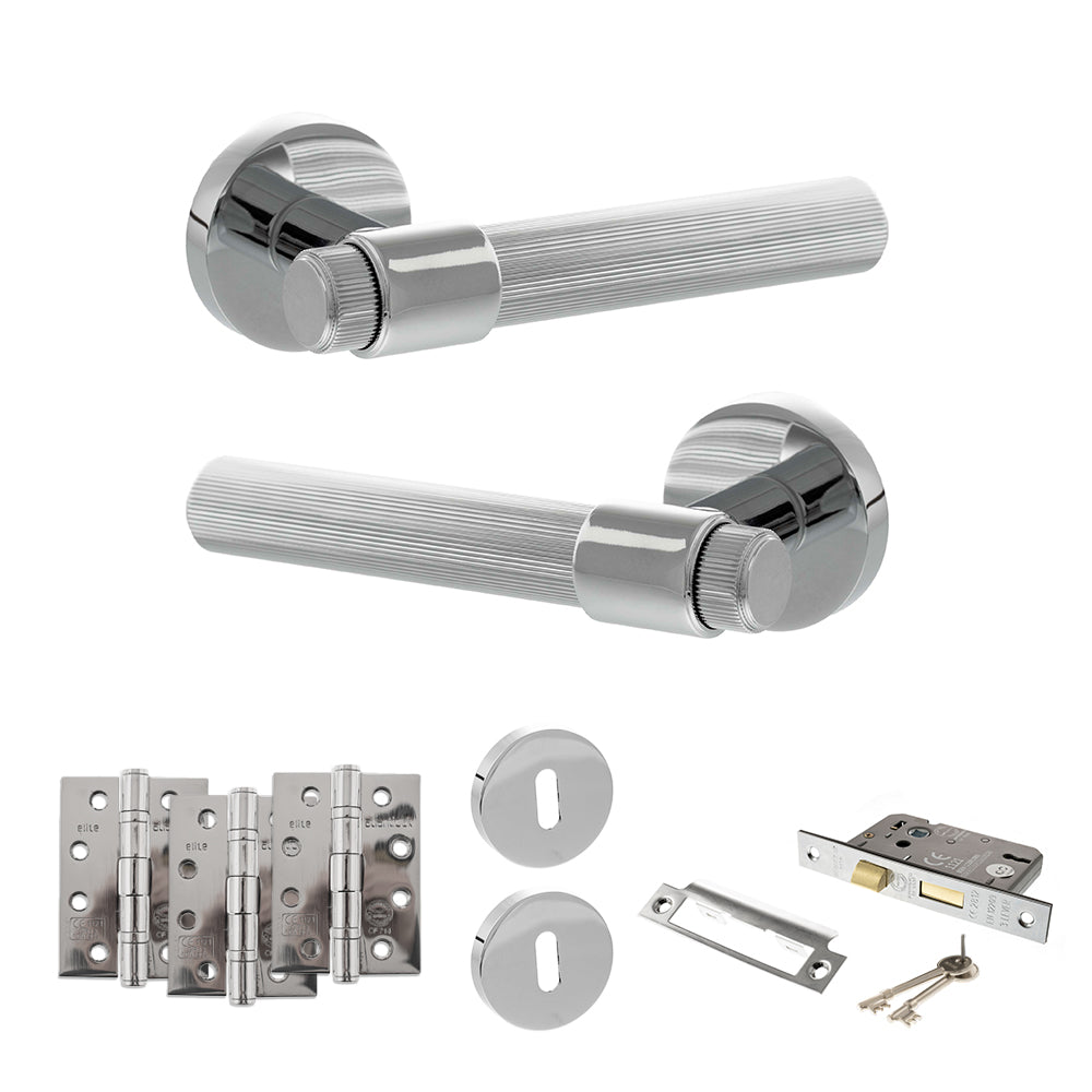 Quality image of Senza Pari Fasana Door Handle Pack (3 Lever Lock Set - 2.5" CE Sashlock, 4" Fire Rated Hinges x3) - Polished Chrome | Sku. adpspr165pc16 | available from Trade Door Handles.