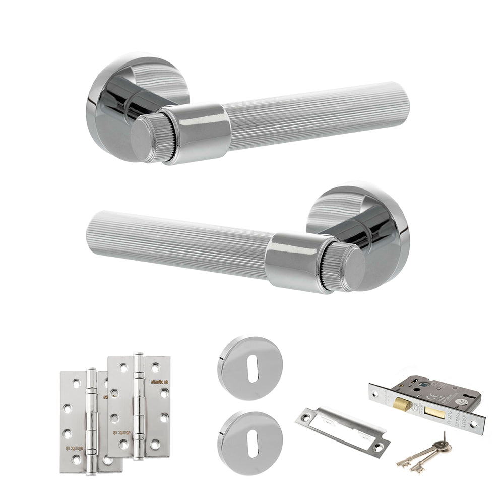 Quality image of Senza Pari Fasana Door Handle Pack (3 Lever Lock Set - 2.5" CE Sashlock, 4" Slim Knuckle Hinges x2) - Polished Chrome | Sku. adpspr165pc18 | available from Trade Door Handles.