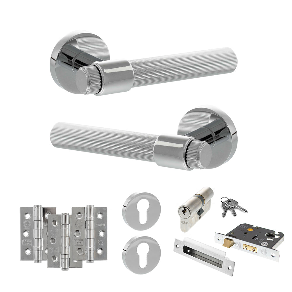 Quality image of Senza Pari Fasana Door Handle Pack (Euro Lock Set - 3" CE Sashlock, 3" Fire Rated Hinges x3) - Polished Chrome | Sku. adpspr165pc21 | available from Trade Door Handles.