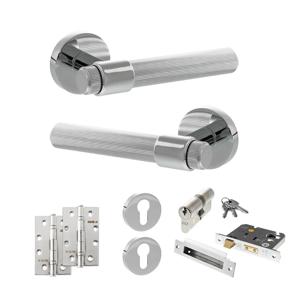 Quality image of Senza Pari Fasana Door Handle Pack (Euro Lock Set - 2.5" CE Sashlock, 4" Slim Knuckle Hinges x2) - Polished Chrome | Sku. adpspr165pc24 | available from Trade Door Handles.