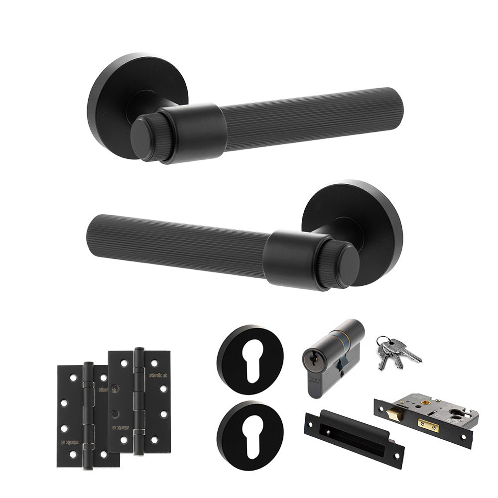 Quality image of Senza Pari Fasana Door Handle Pack (Euro Lock Set - 2.5" CE Sashlock, 4" Slim Knuckle Hinges x2) - Matt Black | Sku. adpspr165mb24 | available from Trade Door Handles.