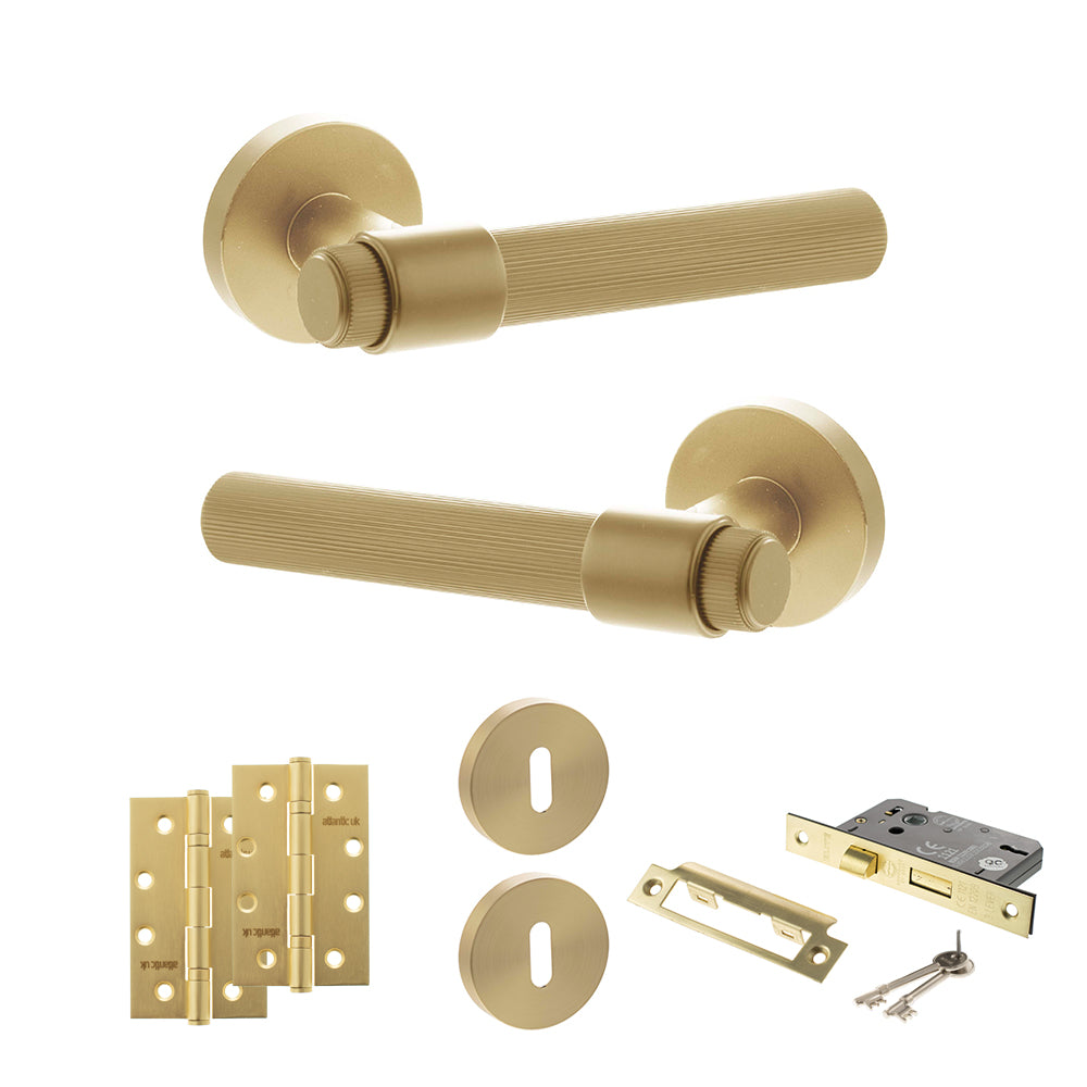 Quality image of Senza Pari Fasana Door Handle Pack (3 Lever Lock Set - 2.5" CE Sashlock, 4" Slim Knuckle Hinges x2) - Satin Brass | Sku. adpspr165sb18 | available from Trade Door Handles.