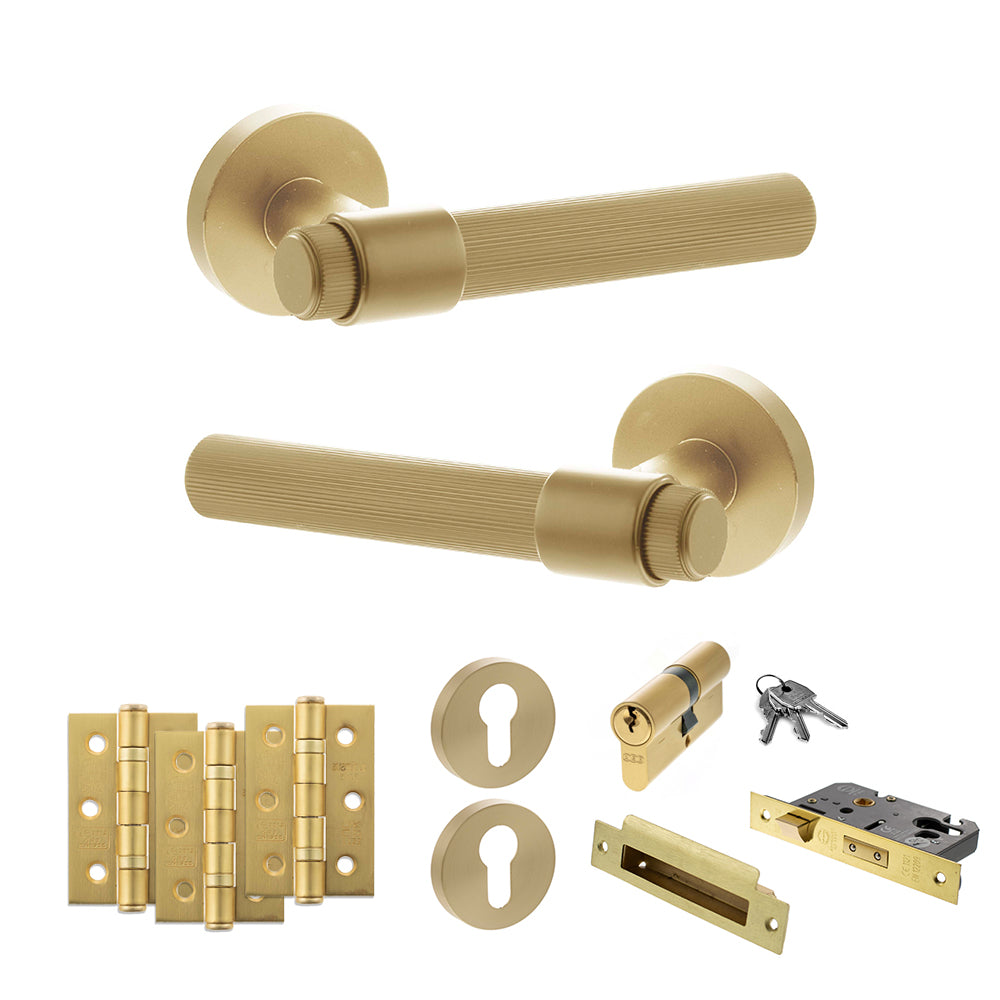 Quality image of Senza Pari Fasana Door Handle Pack (Euro Lock Set - 2.5" CE Sashlock, 3" Fire Rated Hinges x3) - Satin Brass | Sku. adpspr165sb20 | available from Trade Door Handles.