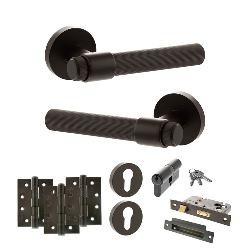 Quality image of Senza Pari Fasana Door Handle Pack (Euro Lock Set - 3" CE Sashlock, 4" Fire Rated Hinges x3) - Urban Dark Bronze | Sku. adpspr165udb23 | available from Trade Door Handles.