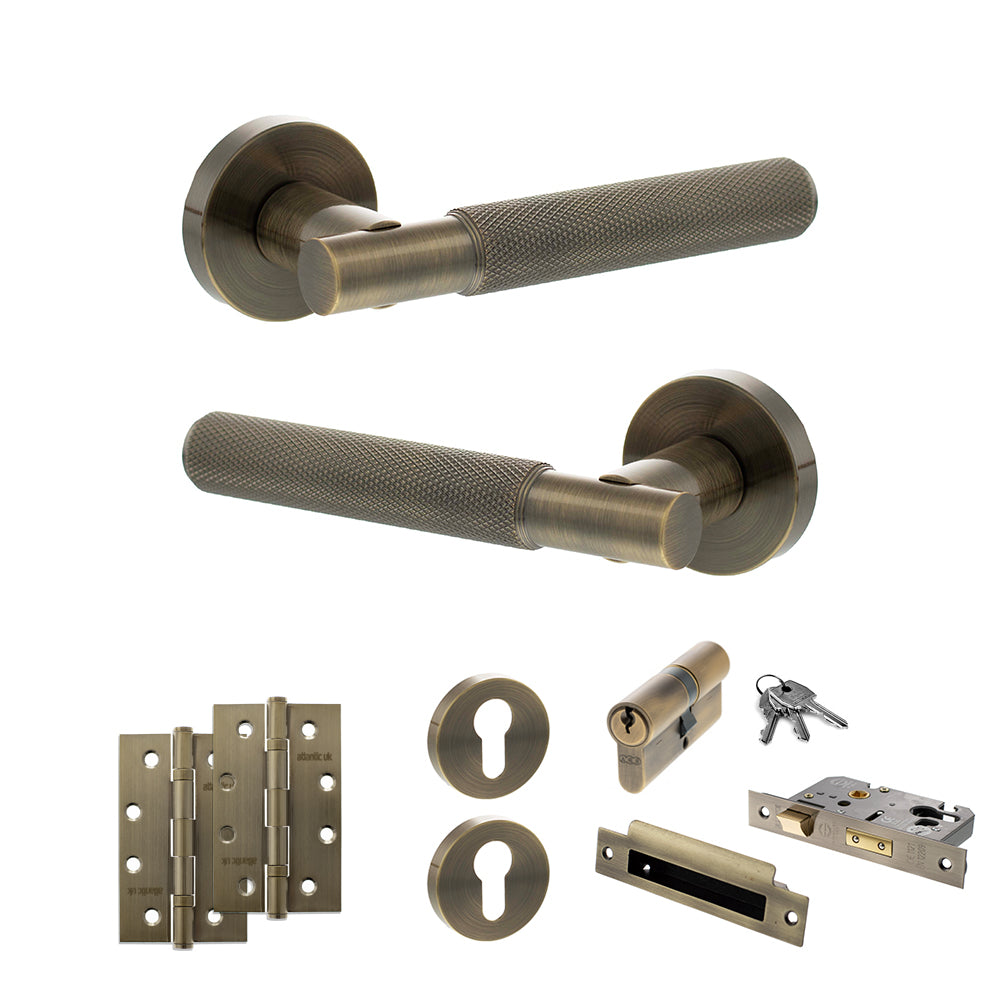 Quality image of Senza Pari Rosarno Door Handle Pack (Euro Lock Set - 3" CE Sashlock, 4" Slim Knuckle Hinges x2) - Antique Brass | Sku. adpspr170ab25 | available from Trade Door Handles.