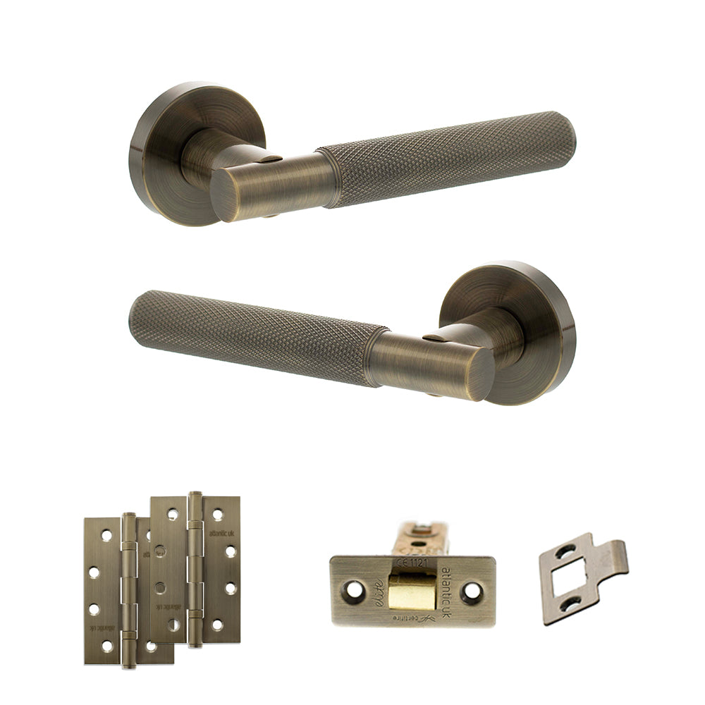 Quality image of Senza Pari Rosarno Door Handle Pack (Latch Set - 2.5" CE Latch, 4" Slim Knuckle Hinges x2) - Antique Brass | Sku. adpspr170ab5 | available from Trade Door Handles.