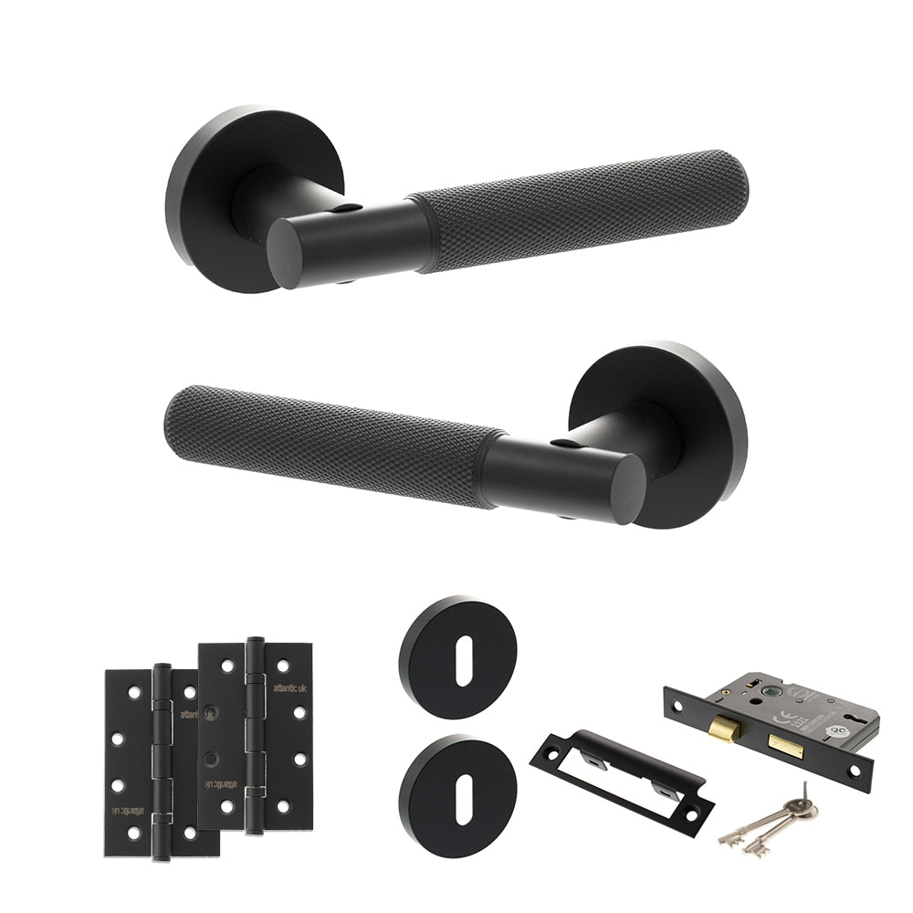 Quality image of Senza Pari Rosarno Door Handle Pack (3 Lever Lock Set - 2.5" CE Sashlock, 4" Slim Knuckle Hinges x2) - Matt Black | Sku. adpspr170mb18 | available from Trade Door Handles.
