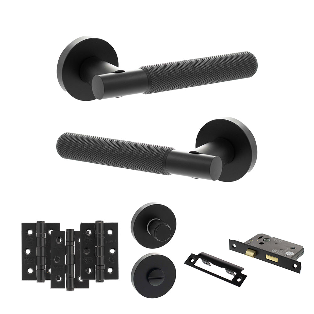 Quality image of Senza Pari Rosarno Door Handle Pack (Bathroom Set - 3" CE Bathroom Lock, 3" Fire Rated Hinges x3) - Matt Black | Sku. adpspr170mb9 | available from Trade Door Handles.